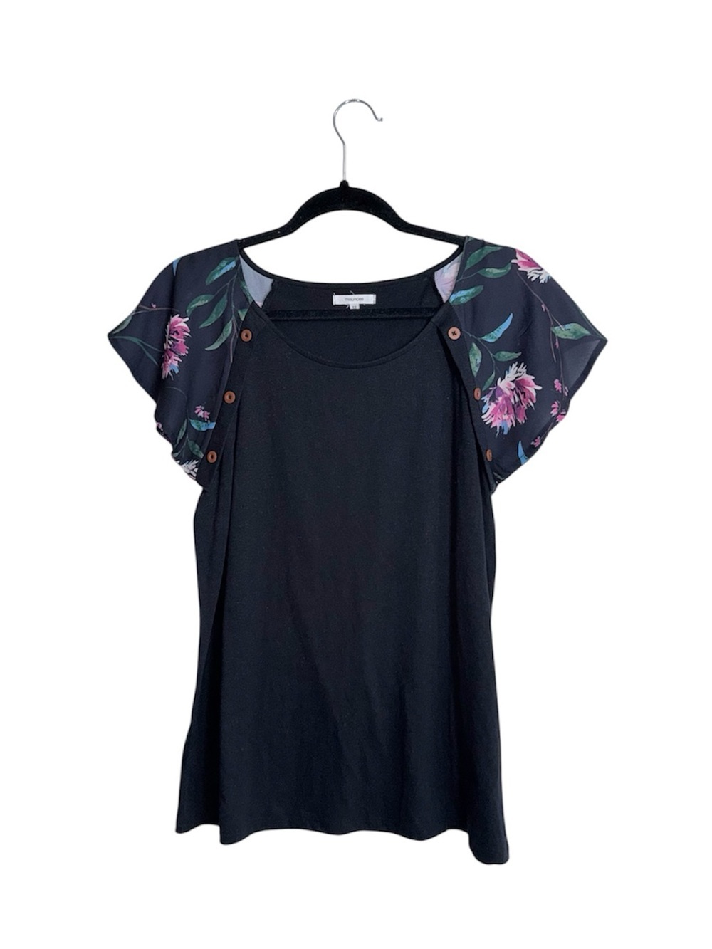 Maurices Floral Flutter Sleeve Top Black Multi Button Contrast Medium Women’s